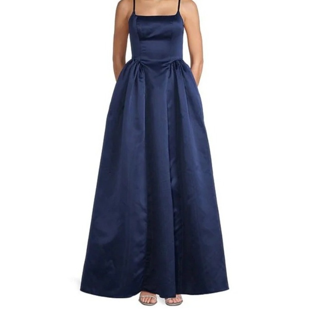 Windsor Navy Blue Satin Square Neck Formal Ball Gown Maxi Dress Prom Event